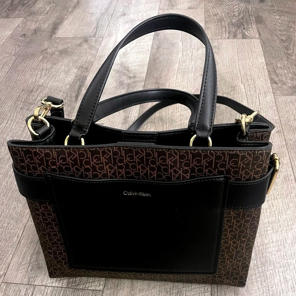 Calvin‎ Klein Monogram Logo Satchel Crossbody Bag Brown Black Gold Tone Hardware